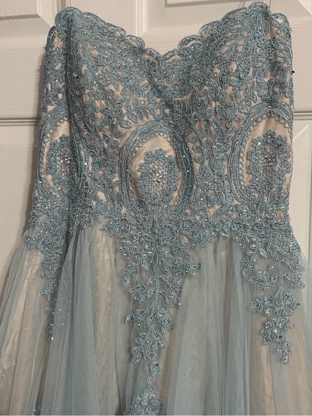 NWT say yes to dress size 13-14 Embellished Light Blue Lace Applique Tulle Gown